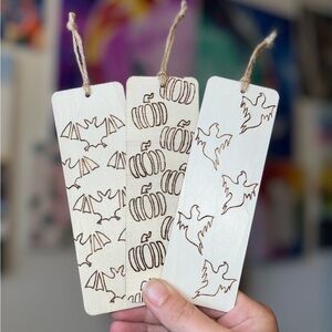 Handmade Wooden Halloween Bookmark Set - Natural Wood